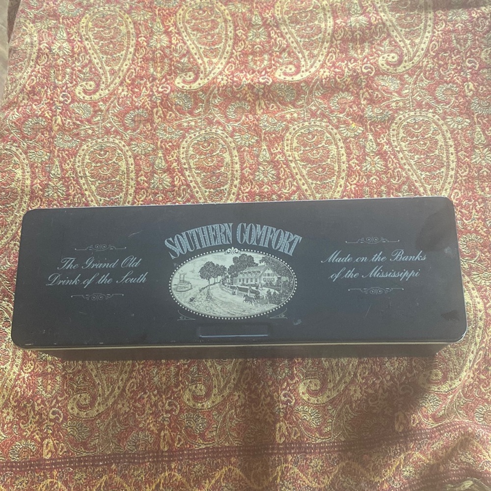 1990’s Southern Comfort collectible matte black, gray & silver metal storage box